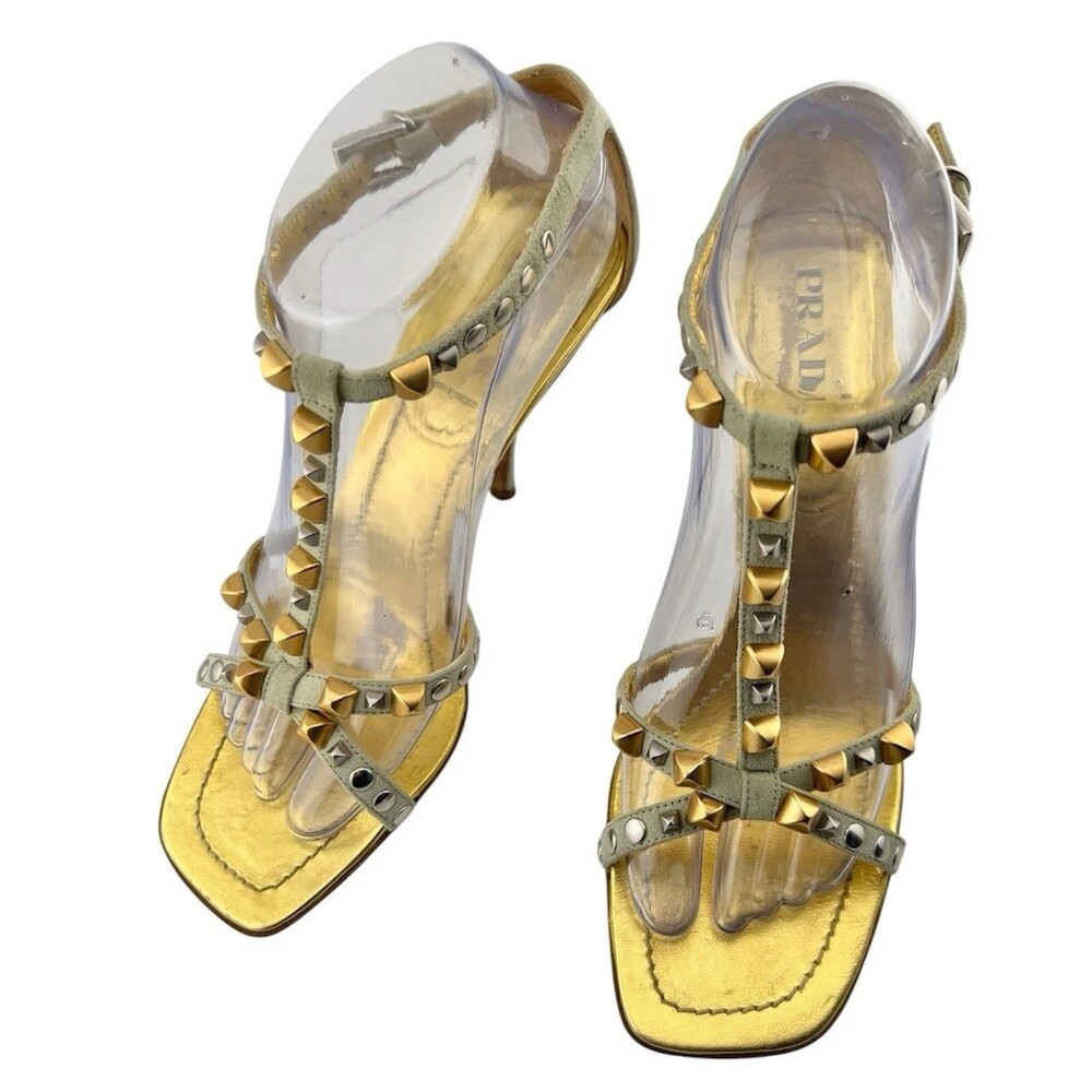 PRADA Y2K Rockstud Clay Green Suede Studded Strappy Square Toe Stiletto 37.5/7.5